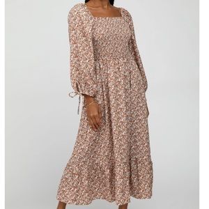 Rust Floral Smocked Tie Sleeve Ruffle Hem Dress (maternity friendly!)